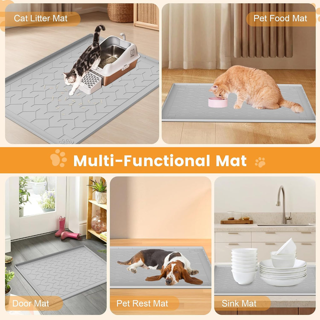 Silicone Cat Litter Mat, 40"x28" XLarge Waterproof Trapping Mats | Raised Edges Leakproof, Non-Slip, Scatter Control, Soft Paws, Litter Trap, Easy Shake/Rinse, Multi-Use(Food,Door,Kitchen)
