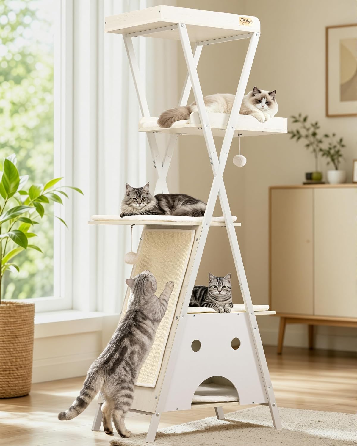 Modern Wood Cat Tree Tower for Indoor Cats Large Adult 67-in Tall