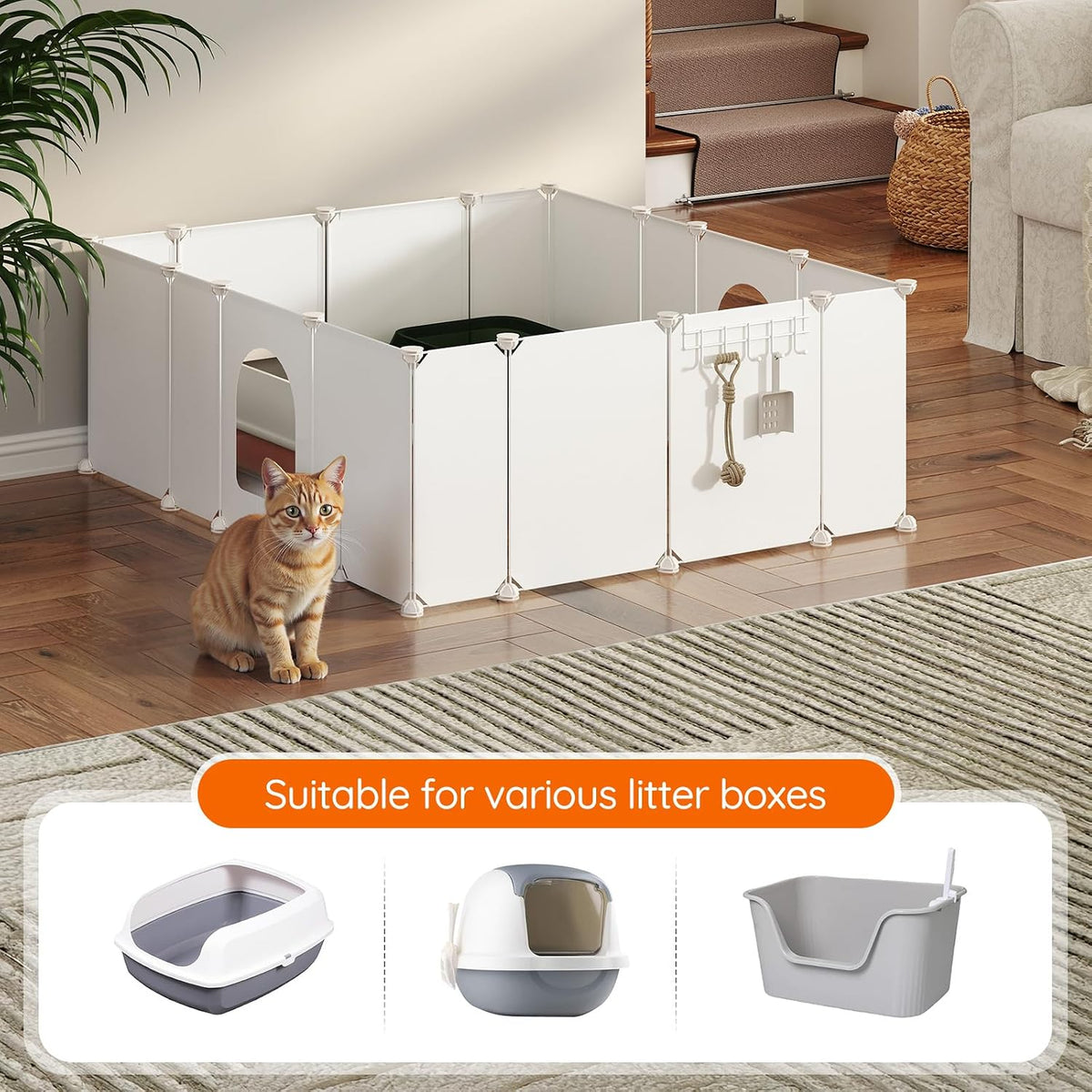 HOOBRO 2 Pack Cat Litter Box Enclosure Splash Guard with Large Oxford Mat, Plastics High-Edge Litter Guard with Drain Hooks, DIY Assembly, 70.9" L x 29.1" W x 15.7" H, Easy to Clean, White WT08PP03