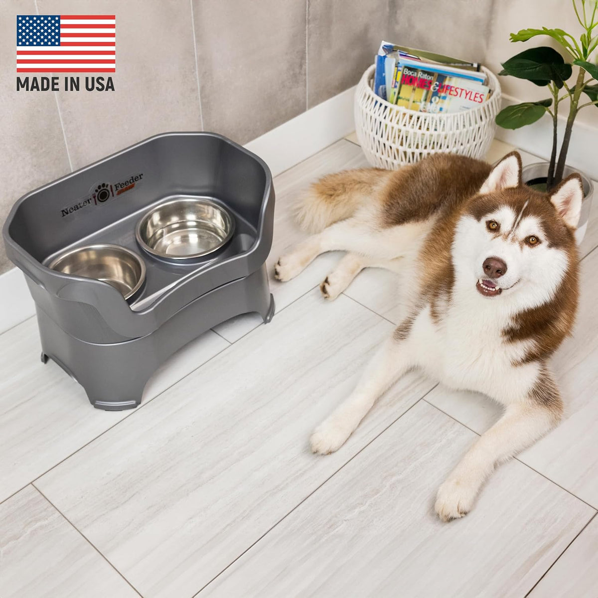 Neater Pet Brands Neater Feeder Deluxe Mess Proof Dog Bowls Elevated for Large Dogs Over 40 lbs, Made in USA, No Spill Raised Dog Food Bowl Stand Feeding Station, Food and Water Bowl Set, Gunmetal 