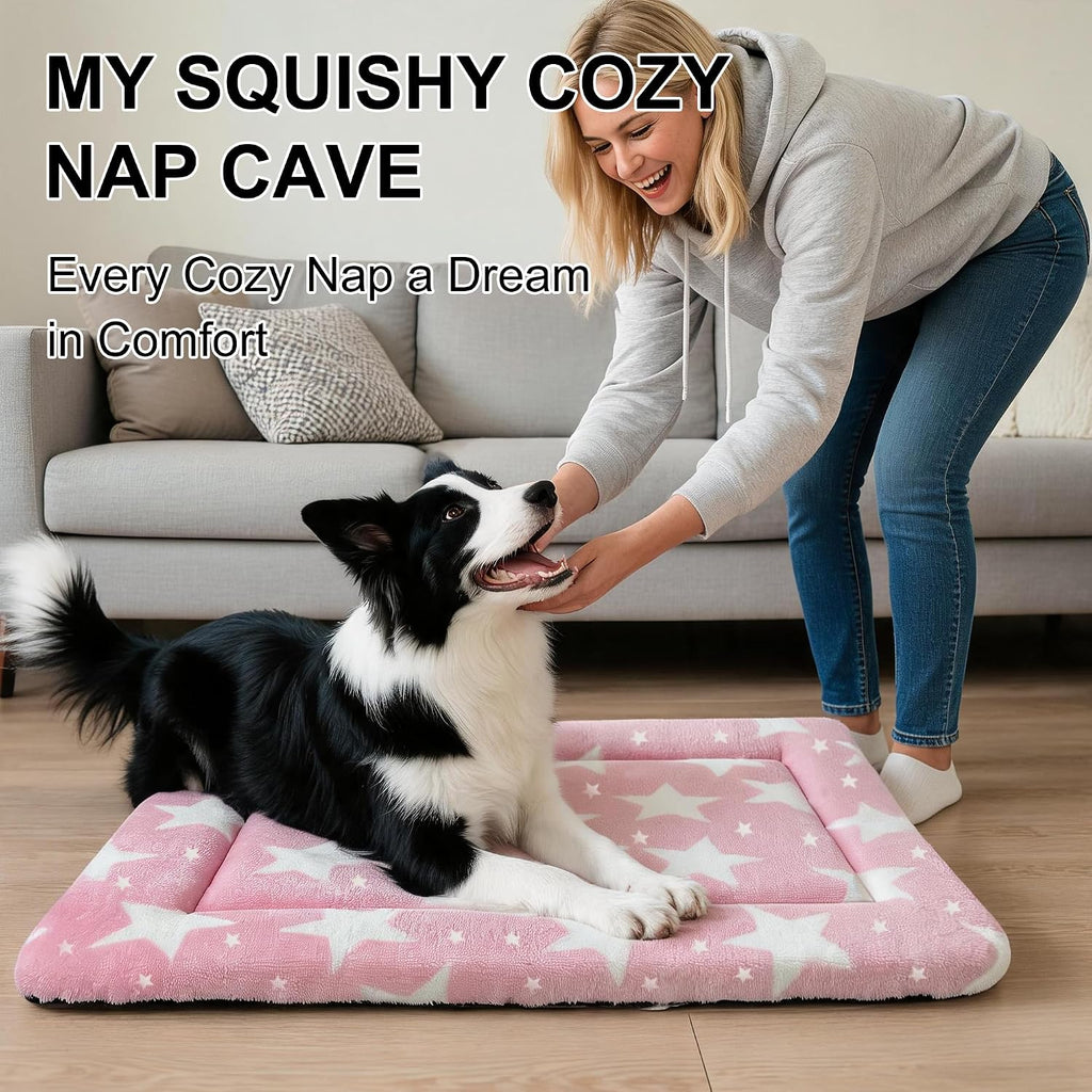 Dog Bed Mat, Reversible Crate Pad & Durable Dog Bed - Machine Washable Kennel Mat with Ultra Soft for Medium Dogs (Big&Small Stars Pink, 30" L*20" W*1.5" Th)