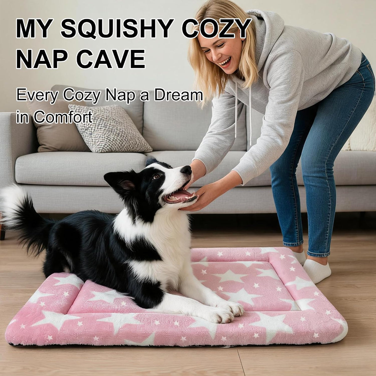 Dog Bed Mat, Reversible Crate Pad & Durable Dog Bed - Machine Washable Kennel Mat with Ultra Soft for Medium Dogs (Big&Small Stars Pink, 30" L*20" W*1.5" Th)