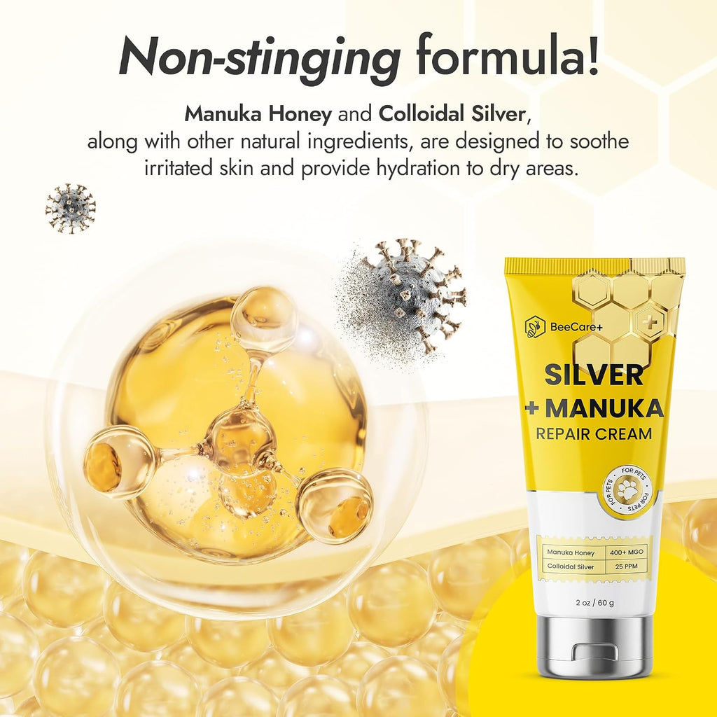Silver + Manuka Repair Cream for Cat & Dog Wound Care – Helps with Skin Irritation, Scratches, Bites – Hot Spot Treatment for Dogs with Manuka Honey 400+ MGO & Colloidal Silver 25 PPM – 2-Pack