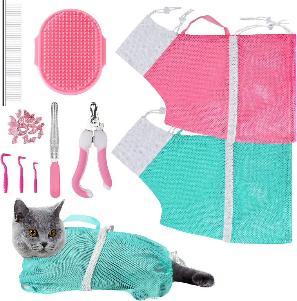 JULMELON 10 PCS Cat Washing Bag for Bath Shower Adjustable Net Grooming Set | Pet Brush Nail Clipper File, Hair Combs Tick Tool, Nail Caps, Bathing Trimming Examination, Pink and Green
