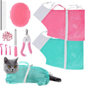 JULMELON 10 PCS Cat Washing Bag for Bath Shower Adjustable Net Grooming Set | Pet Brush Nail Clipper File, Hair Combs Tick Tool, Nail Caps, Bathing Trimming Examination, Pink and Green