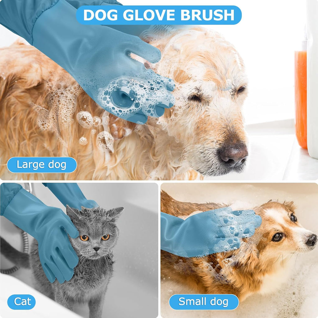 Dog washing gloves | Pet grooming gloves | Extra Long Arms 17.3in,hazy blue