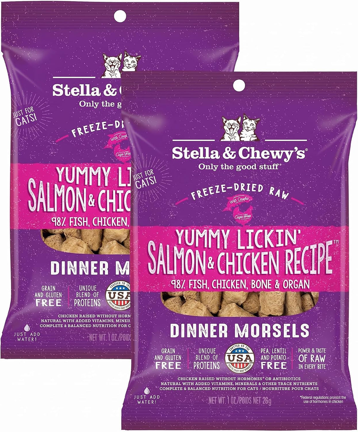Stella & Chewy's Freeze-Dried Raw Cat Dinner Morsels - Premium Salmon & Chicken Recipe with 98% Wild-Caught & Cage-Free Protein - Natural Grain-Free Cat & Kitten Food - Made in USA - 1 oz (Pack of 2)