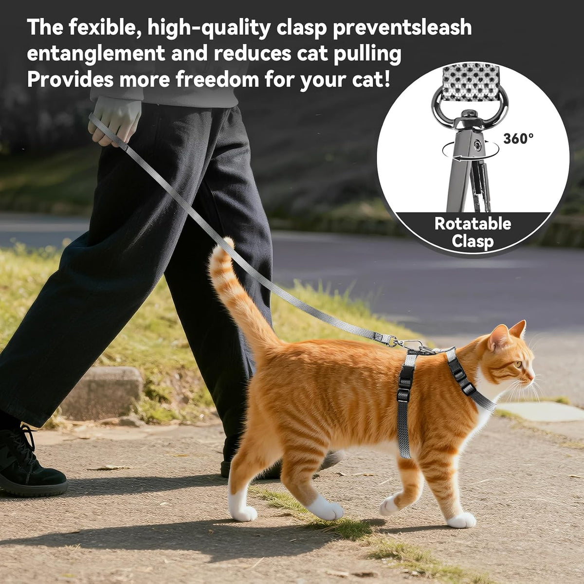 Cat Harness and Leash Set, 3-in-1 Escape Proof Adjustable, Comfortable Soft Lightweight, Safe, Easy to Wear, Walking Travel Kitten Harness for Small Medium Large Cats (Grey)