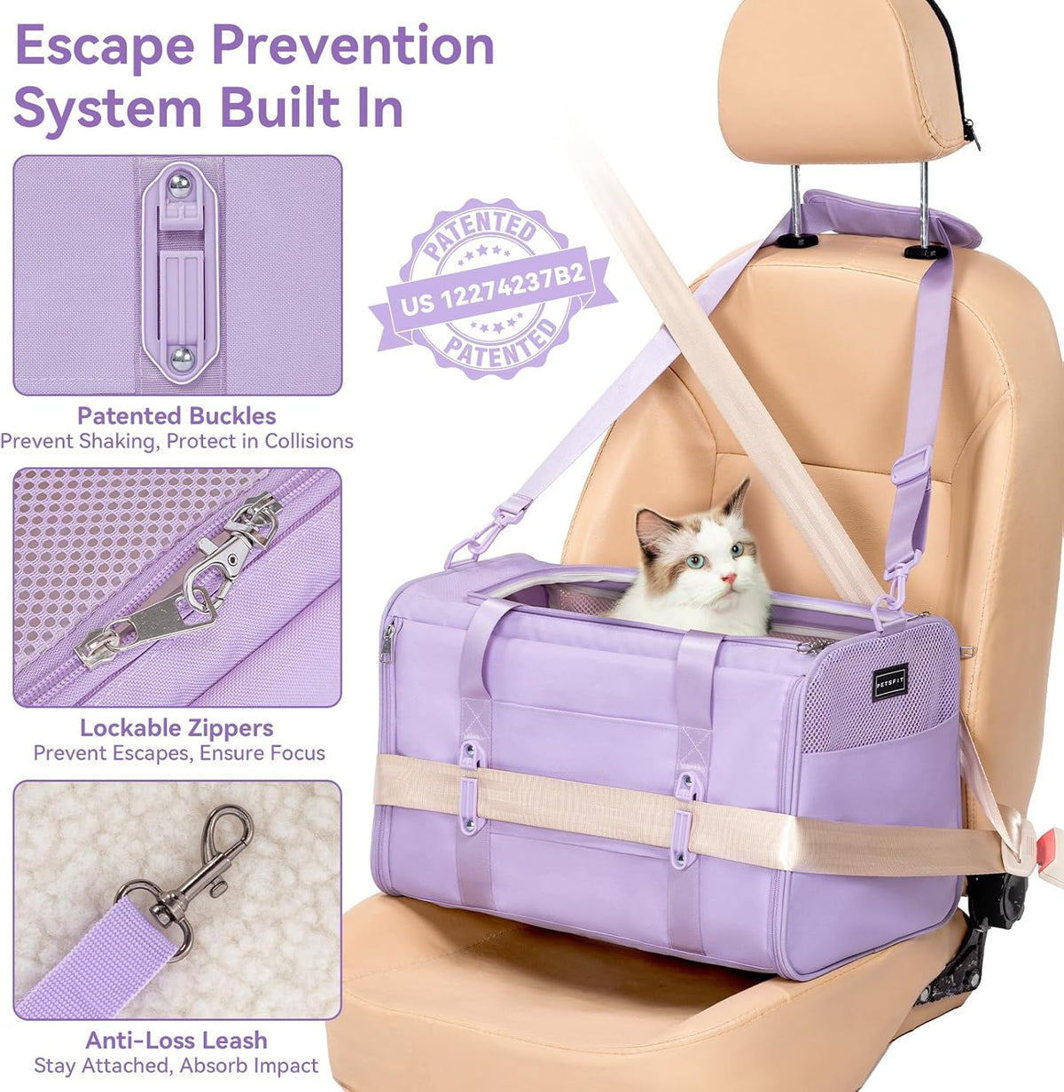 PETSFIT Large Cat Carrier with Patented Safety Buckles,Big Cats Up to 20 lb