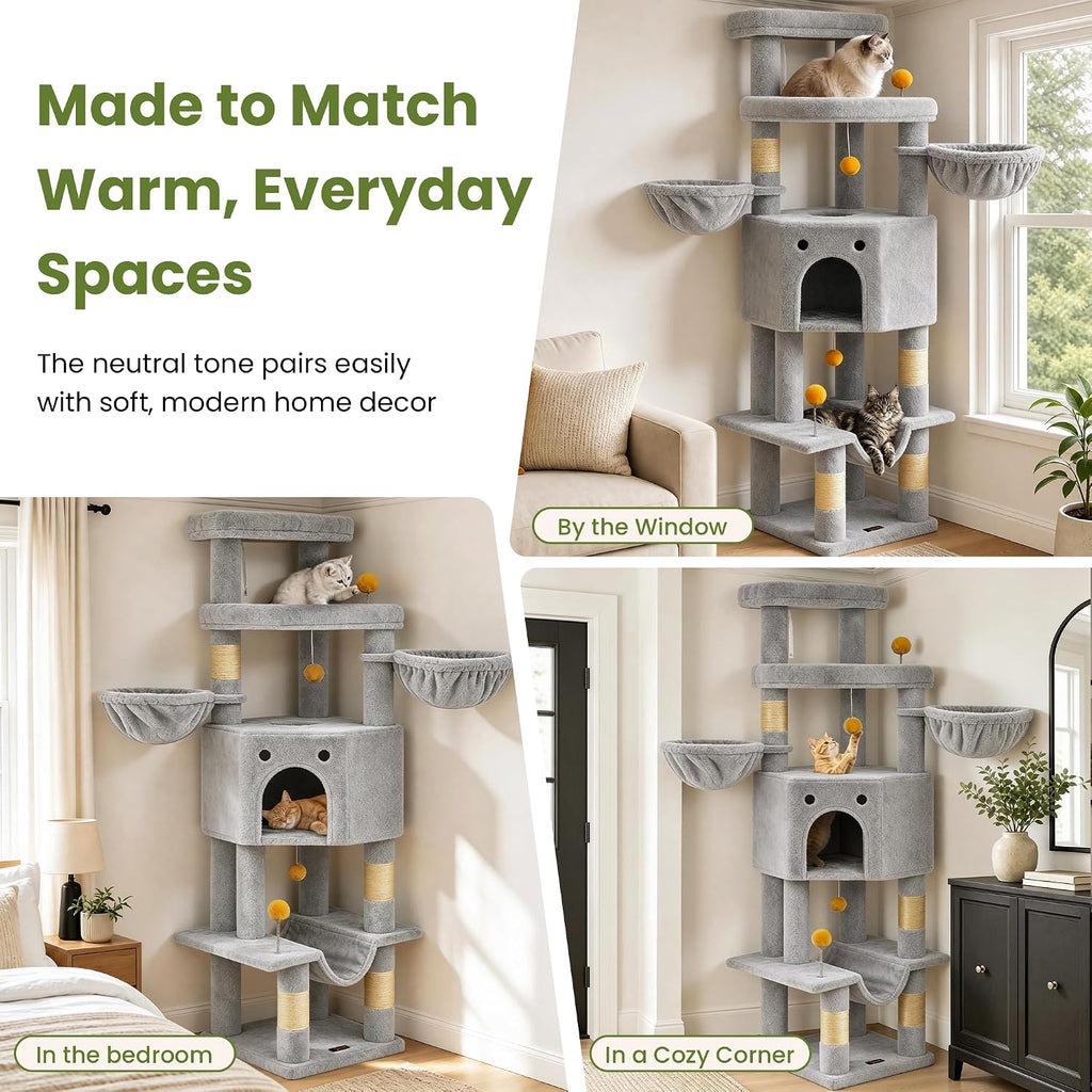 Cat Tree Tower for Indoor Large Adult Cats, 73in Tall Heavy Duty with Perch