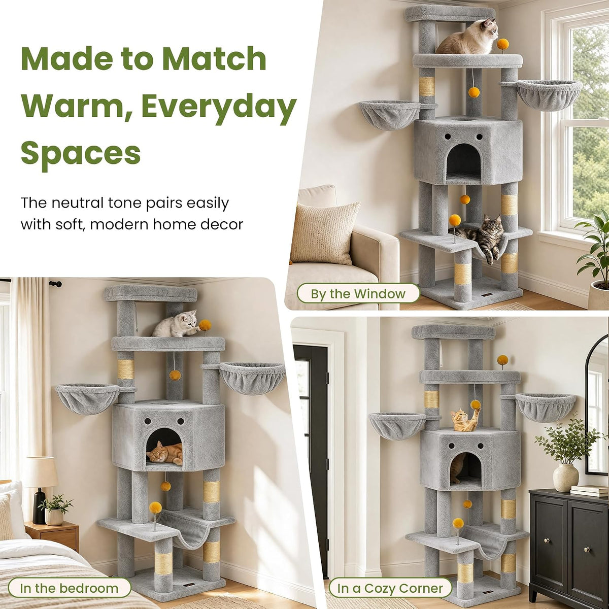 Cat Tree Tower for Indoor Large Adult Cats, 73in Tall Heavy Duty with Perch