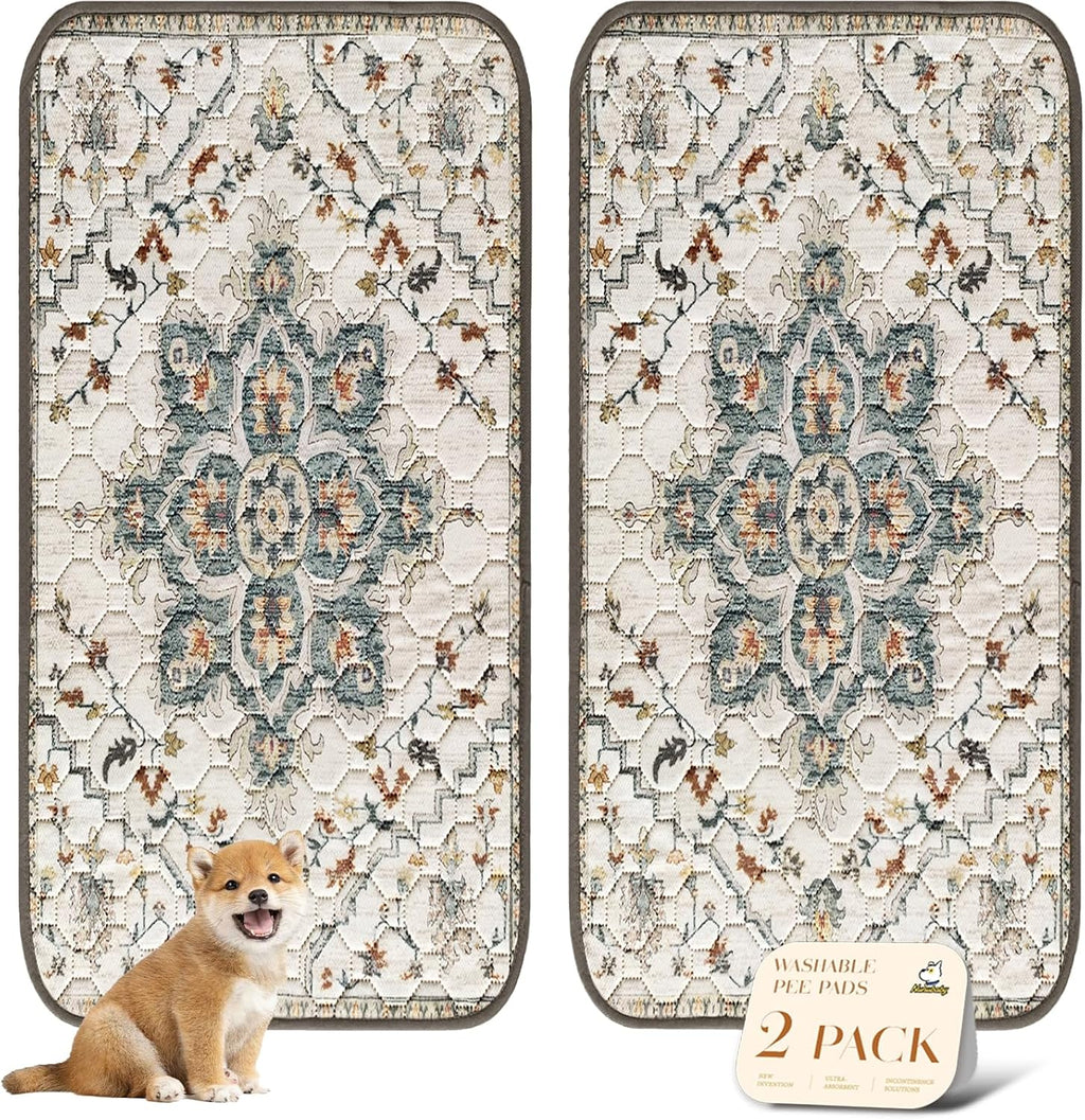 nunubaby Washable Pee Pads for Dogs, Stylish, Non-Slip and Leak-Proof Pee Pads. Reusable Potty Pads for Dogs for Crates and Floors.(Beige/Floral, 36" x72")