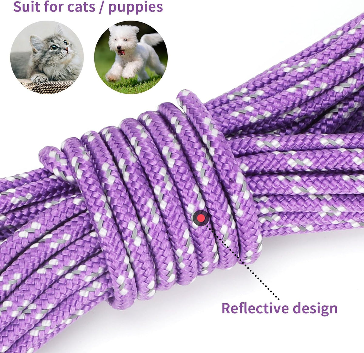 Reflective Cat Long Leash 15 FT, Outdoor Backyard Cat Tie Out Lead,Purple