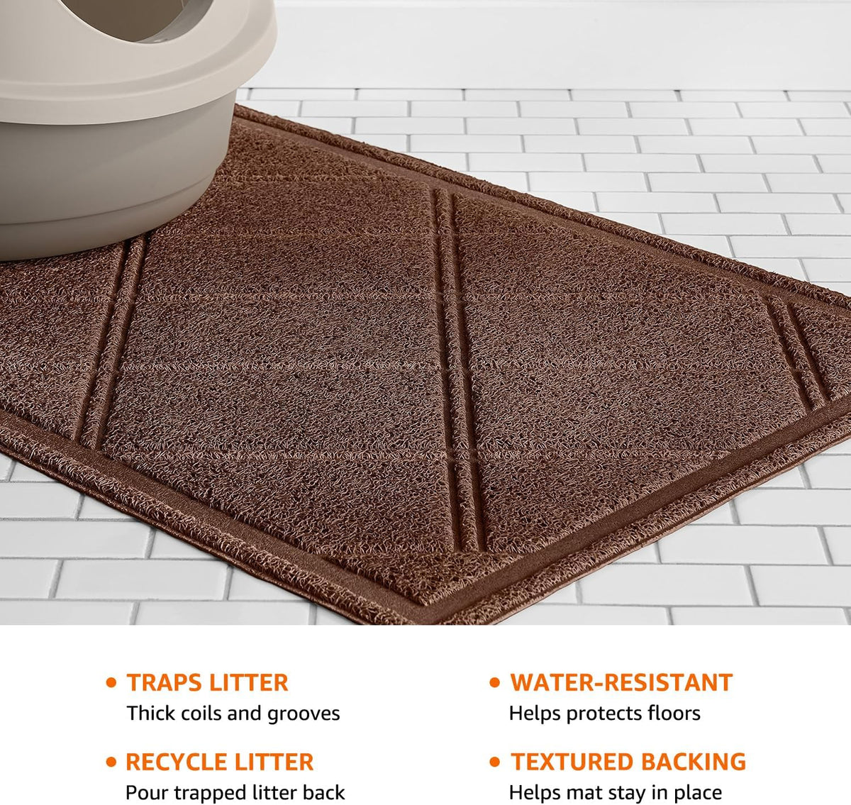 Amazon Basics Less-Mess Cat Litter Box Mat, 24" x 35", Unscented, Brown