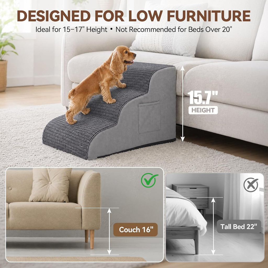 Extra Wide 3 Step Dog Stairs for Bed & Couch, Small Medium Dogs