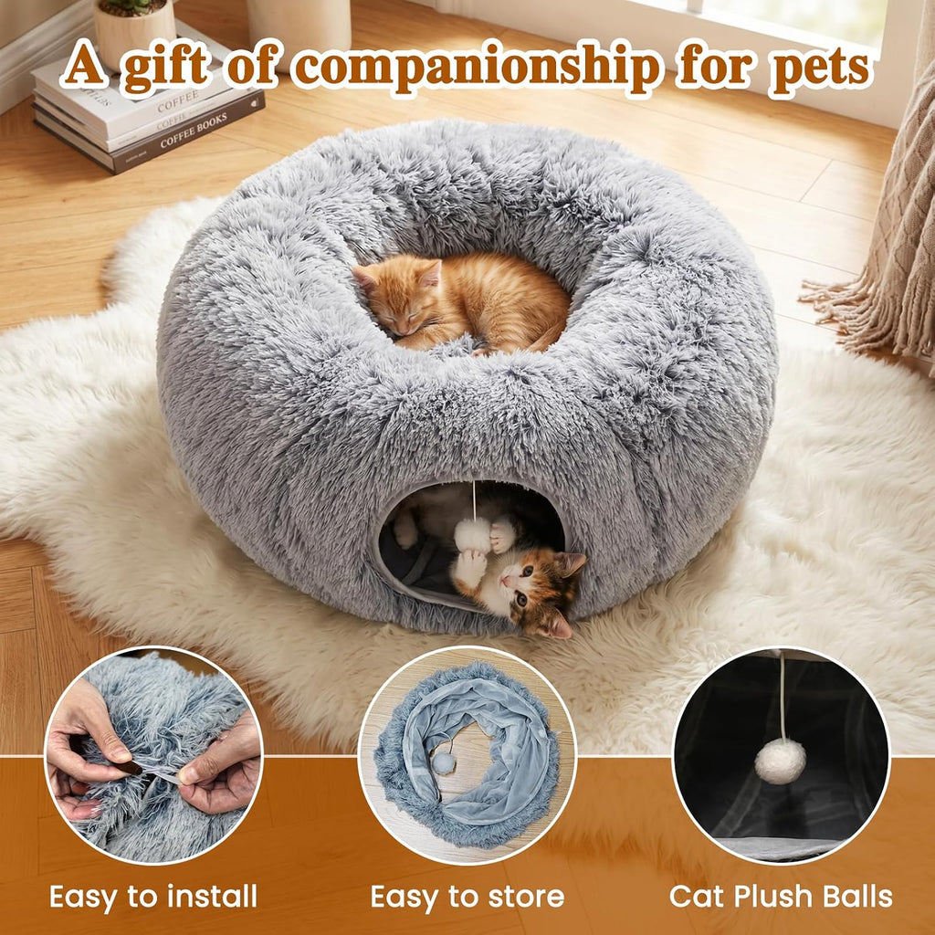 Cat Tunnel Bed for Indoor Cats, Plush Hideaway with Reinforced Frame