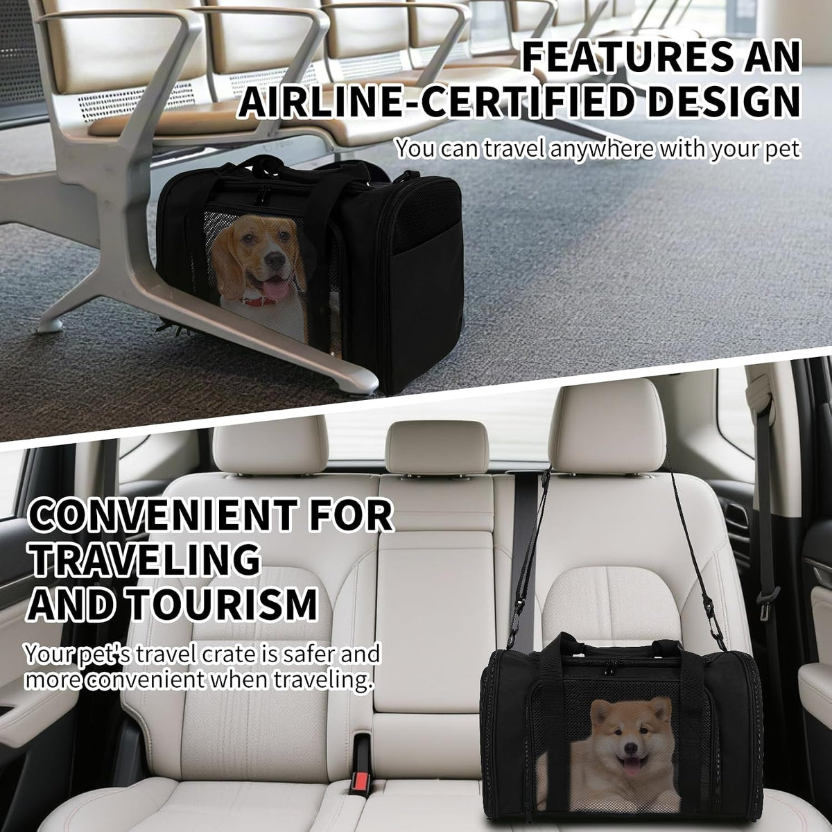 Carriers Soft-Sided Pet Carrier for Cats Dogs Under 15 lbs,TSA Airline Approved with 4 Ventilated Windows(Medium,Black)
