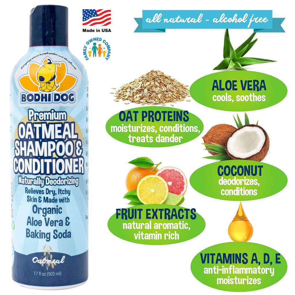Bodhi Dog Grooming Bundle - Oatmeal Shampoo & Conditioner with Bath Brush for Shower, Showerhead, Sprayer & Bathing - Gentle Care for Long, Short & Curly Hair