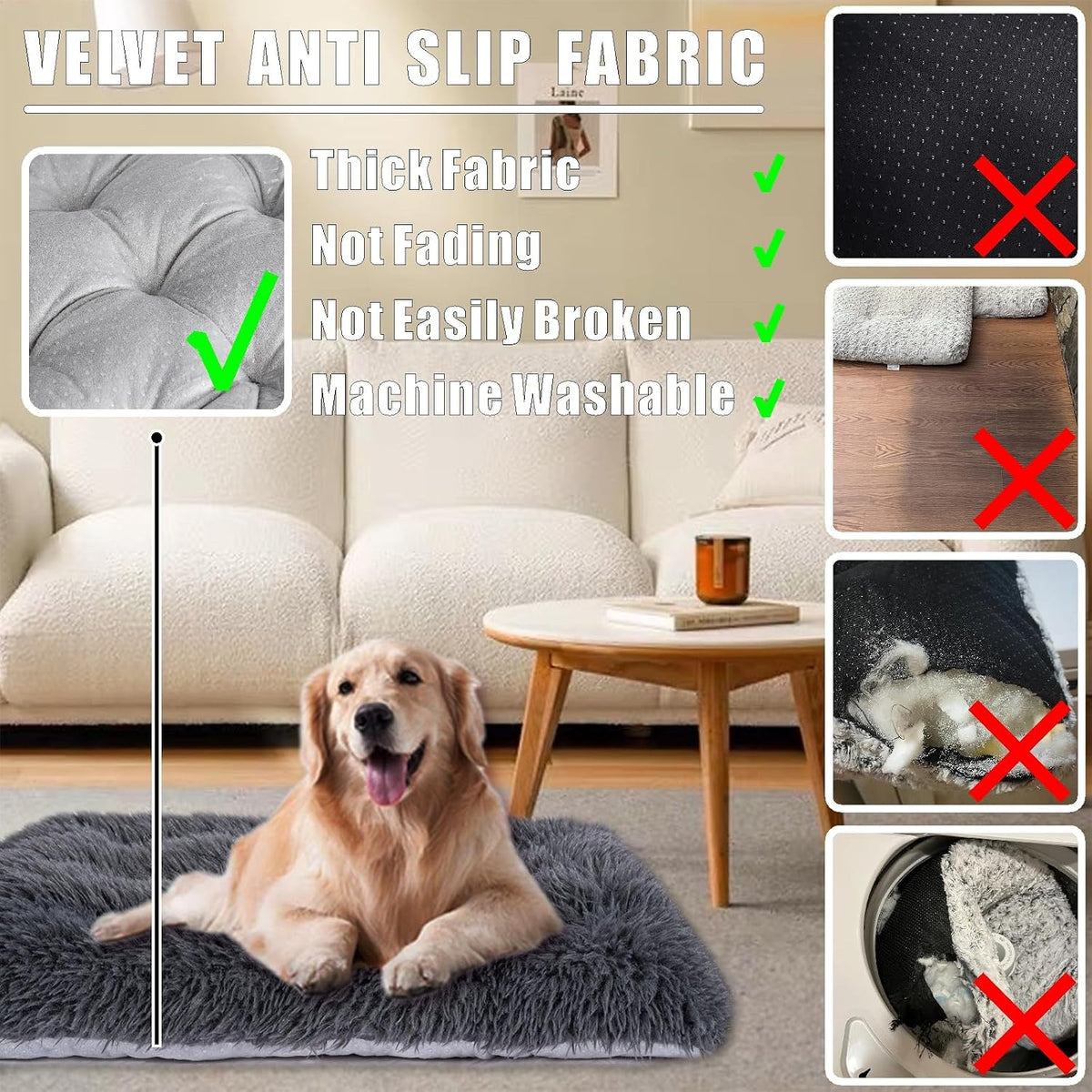 Machine Washable Dog Bed, Deluxe Plush Dog Crate Pad and Cat Bed, Anti-Slip Bottom Kennel Pad Mat, Fuzzy Pet Beds for Large, Medium, Small Dogs Breeds (Dark Grey, 24.0"L x 18.0"W x 3.0"Th x 2 PACK)