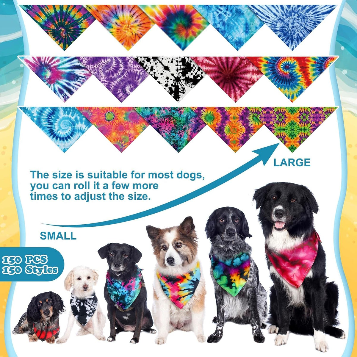Huhumy 50 Pcs Tie Dye Dog Bandanas Bulk XL Tie Dye Bandanas for Dogs