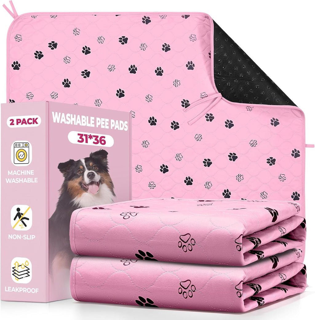 Fostanfly Washable Dog Pee Pads, Ultra-Absorbent, 31"x36"-2 Pack, Pink | Leak-Proof, Waterproof, Non-Slip, Large Reusable Pee Pads for Puppy Potty Training, Crate and Playpen with 8 Tie Straps