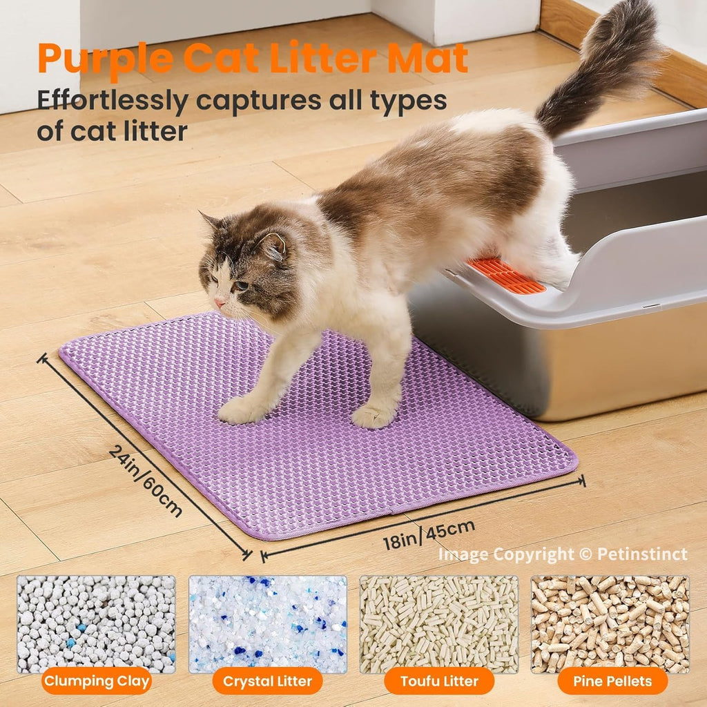 Cat Litter Mat, Double Layer Honeycomb Litter Box Mat | 24x18”, Efficient Litter Trapping, Easy to Clean, Waterproof, Non-Slip, Soft on Paws, Scratch Resistant, Purple, Large
