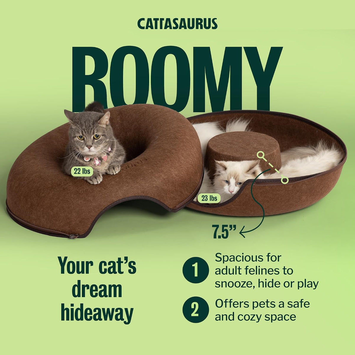 Cattasaurus Peekaboo Cat Cave Donut for Multiple & Large Cats up to 30-45 lbs, 3-in-1 Self Warming Cat Bed, Tunnel & Scratcher for Indoor Cats, Washable & Detachable Small Dog Bed (Brown, Large)
