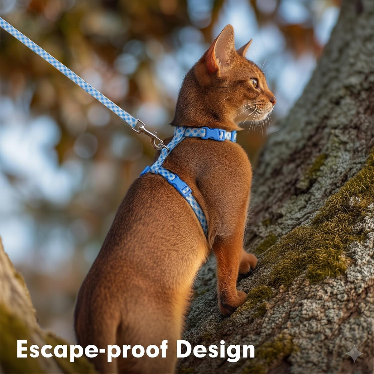 azuza Cat Harness and Leash Set, Escape Proof for Safe Walking, Blue Plaid