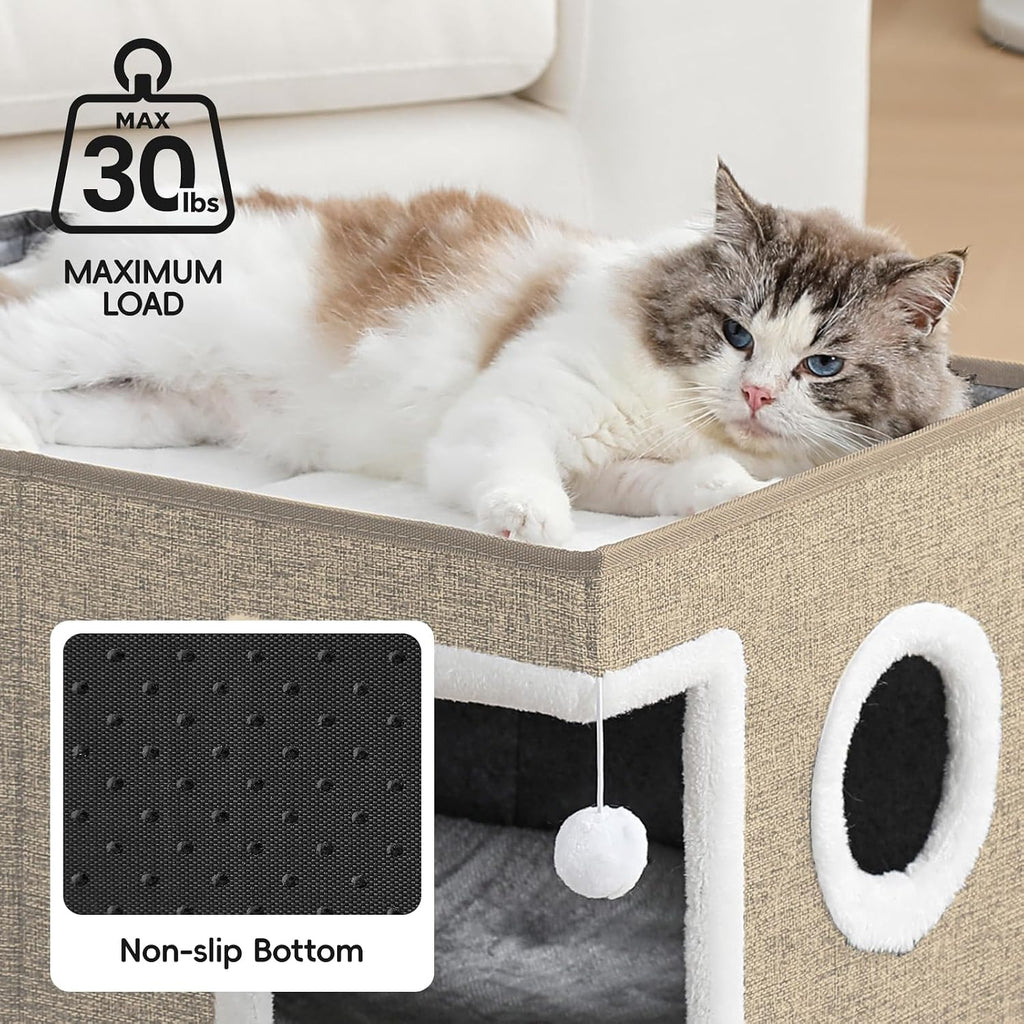 Extra-Wide Cat Houses for Indoor Cats, Large Cat Cave Bed with Fluffy Ball and Scratch Pad, Foldable Covered Kitten Bed for Multiple Cats, 23.6x16x13 inches, Khaki