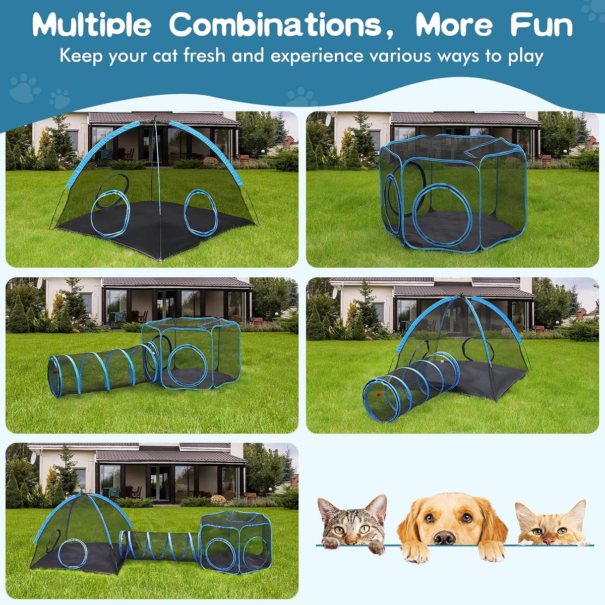 3-in-1 Outdoor Cat Enclosure, Portable Catio Tent with Tunnel