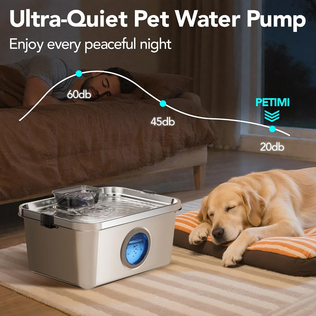 PETIMI Dog Water Fountain, 3 Gallons Stainless Steel Dog & Cat Water Fountain, Large Pet Water Fountain for Multiple Pets, Ultra Silent, Wide Mouth, Safety Lock, Smart Water Pump