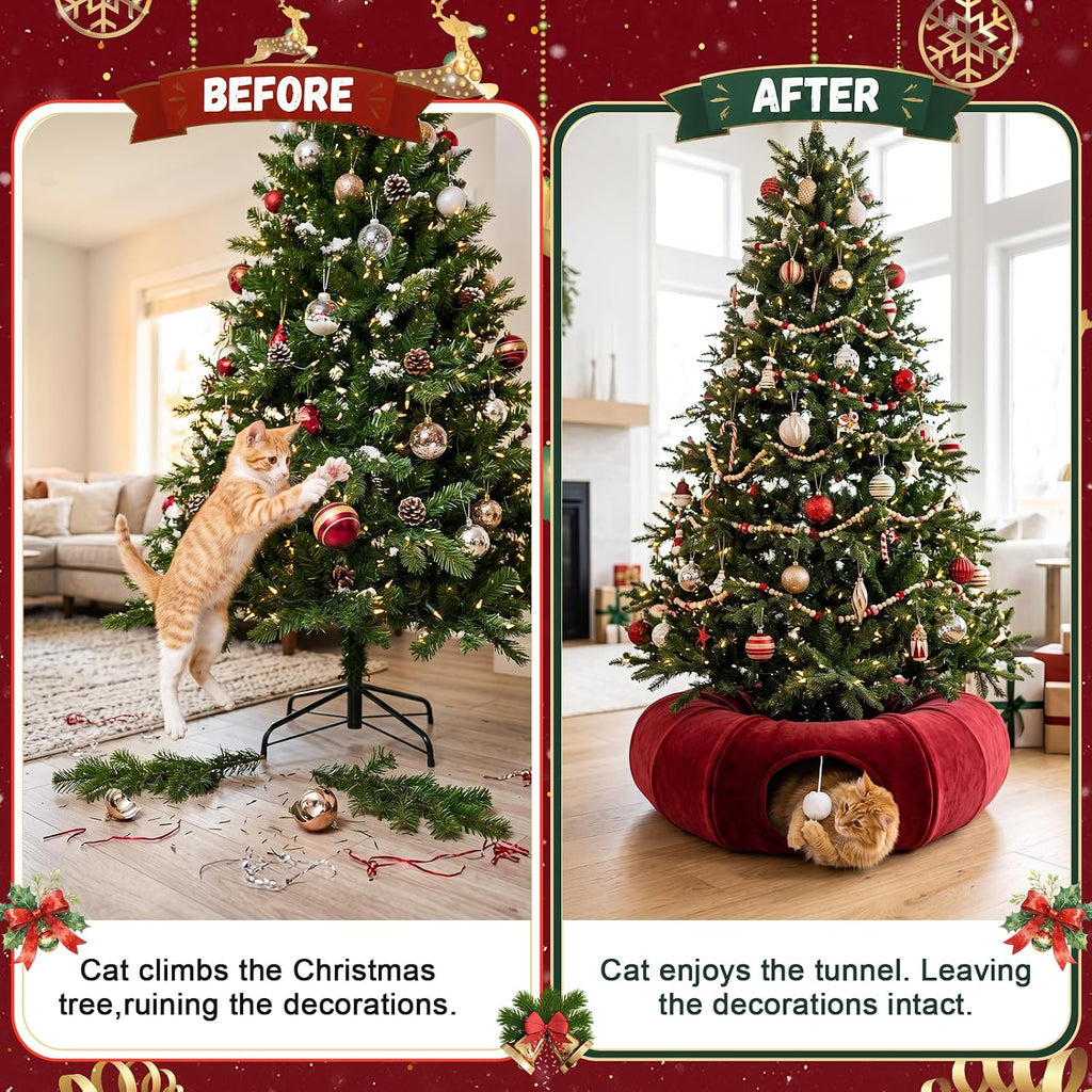Thyle Christmas Cat Tunnel Bed, Burgundy, 2.4ft X 2.4ft X 11.8in, Velvet