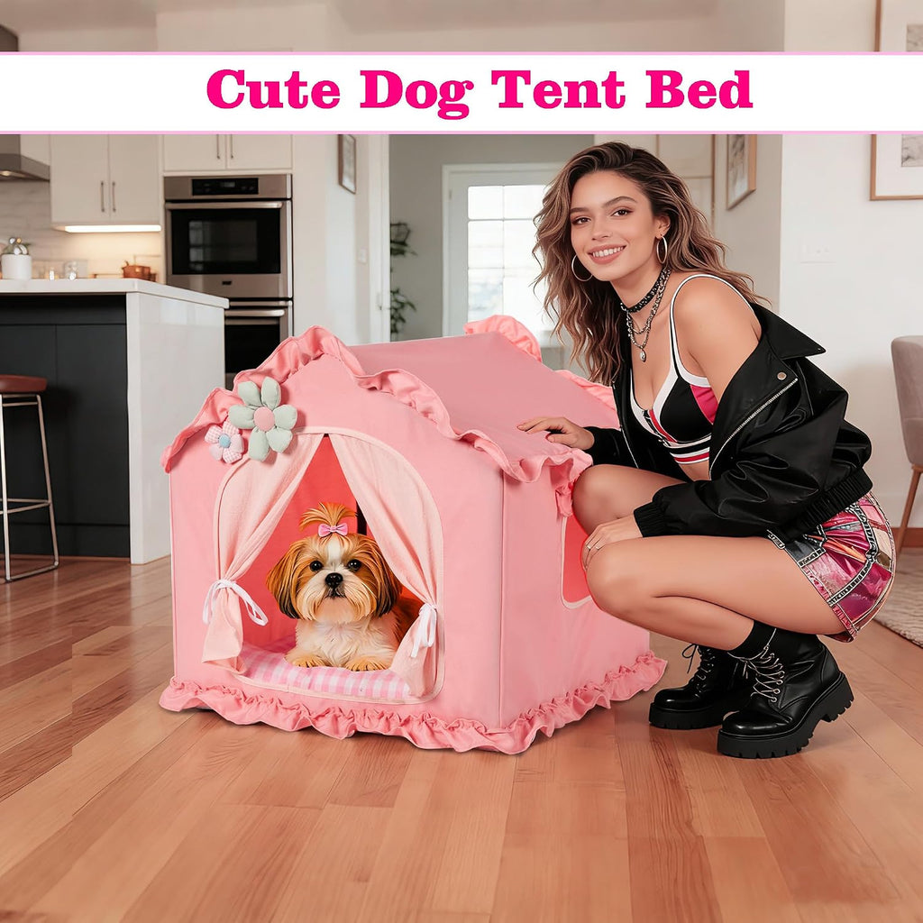 Pink Indoor Dog House with Frame Foldable Breathable for Small Dog