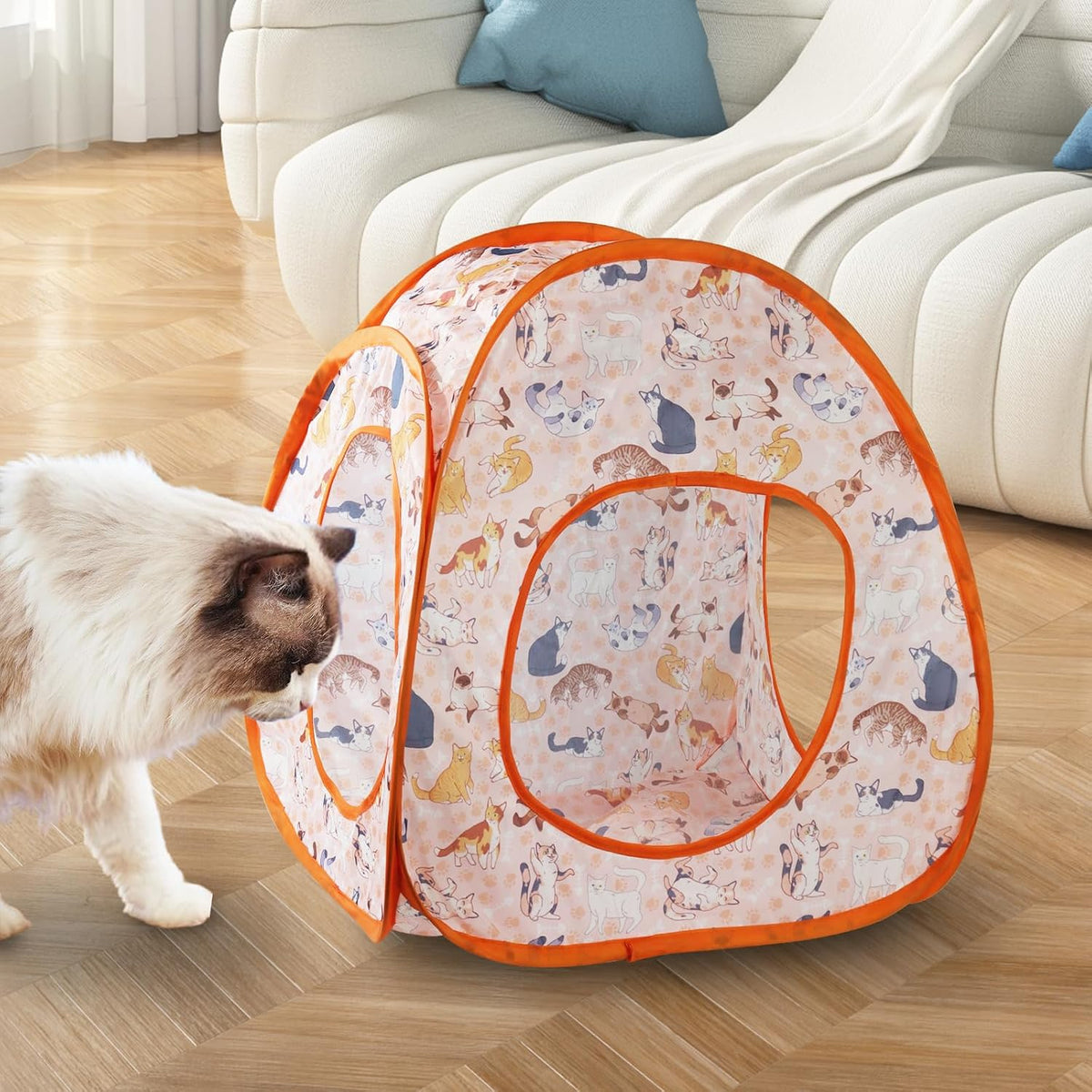 Andiker Cat Tent, 3 Holes Safe and Strong Cute Cats Tunnel Collapsible Easy to Carry Cat House for Indoor Cats Kittens Hiding Playing Training Sleeping (Tent Orange)