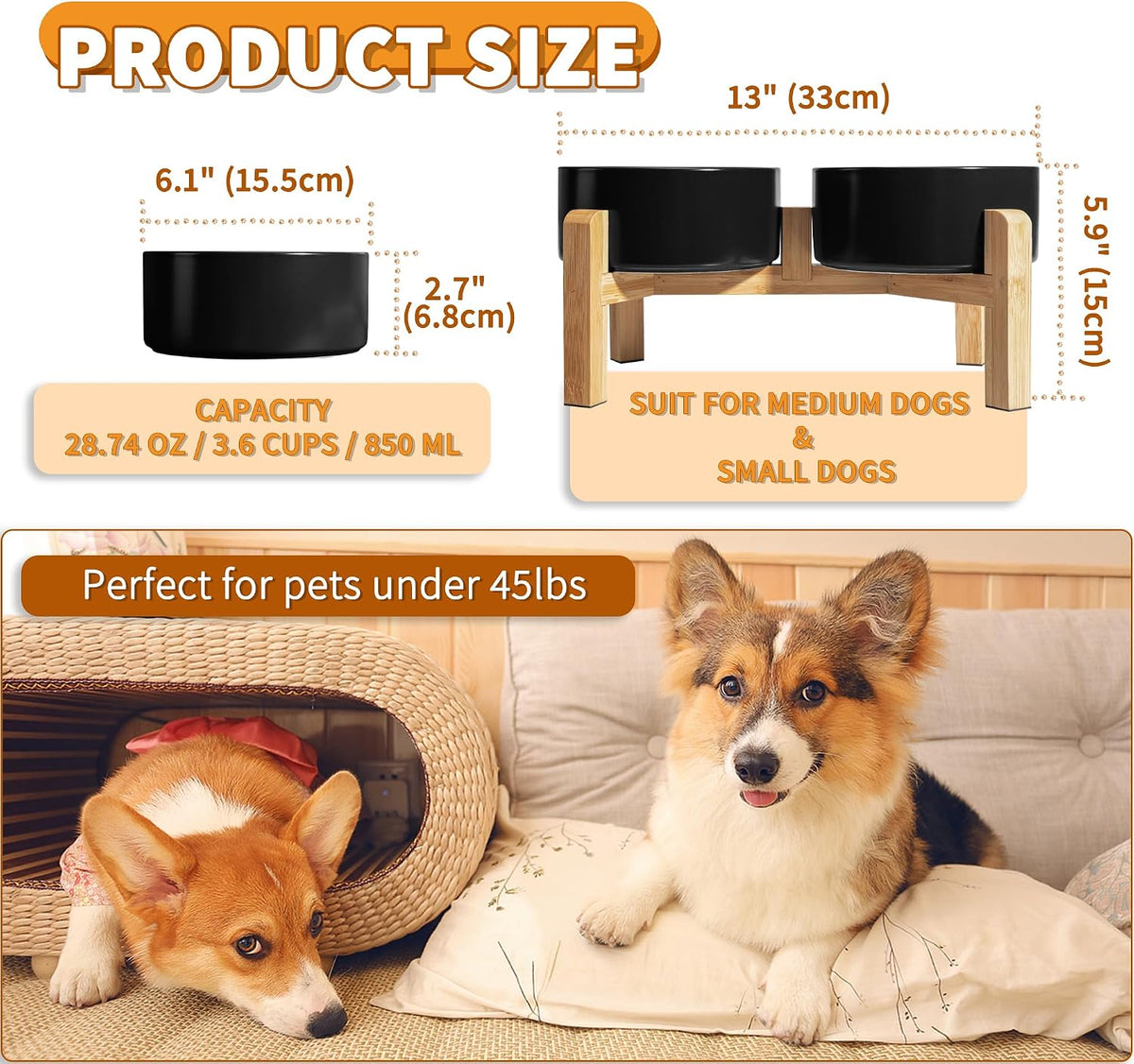 Elevated Ceramic Dog Bowl, 3.6 Cups Dog Food and Water Bowl Set with Stand | 6.1'' Double Dog Feeding Dishes, Non-Slip Raised Dog Feeder for Small and Medium Breeds, 28.74 OZ / 850 ML, White