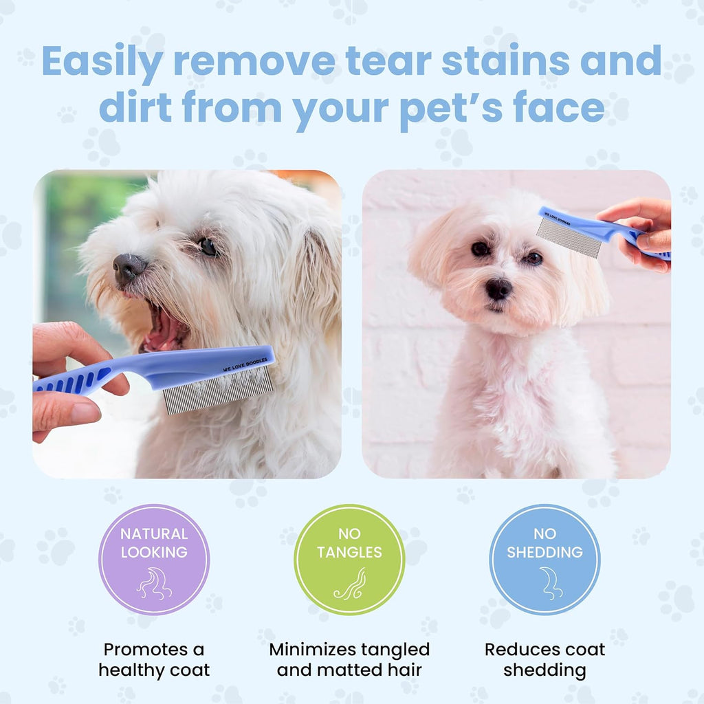 Tick & Flea Comb For Small Dogs, Fine Tooth Dog Face Brush For Tear Stains | Fine Tooth Metal Flea Comb for Dogs, Removes Lice, Ticks & Fleas Around Eyes, Face & Body, For Poodles, Doodles, Cats, Pets
