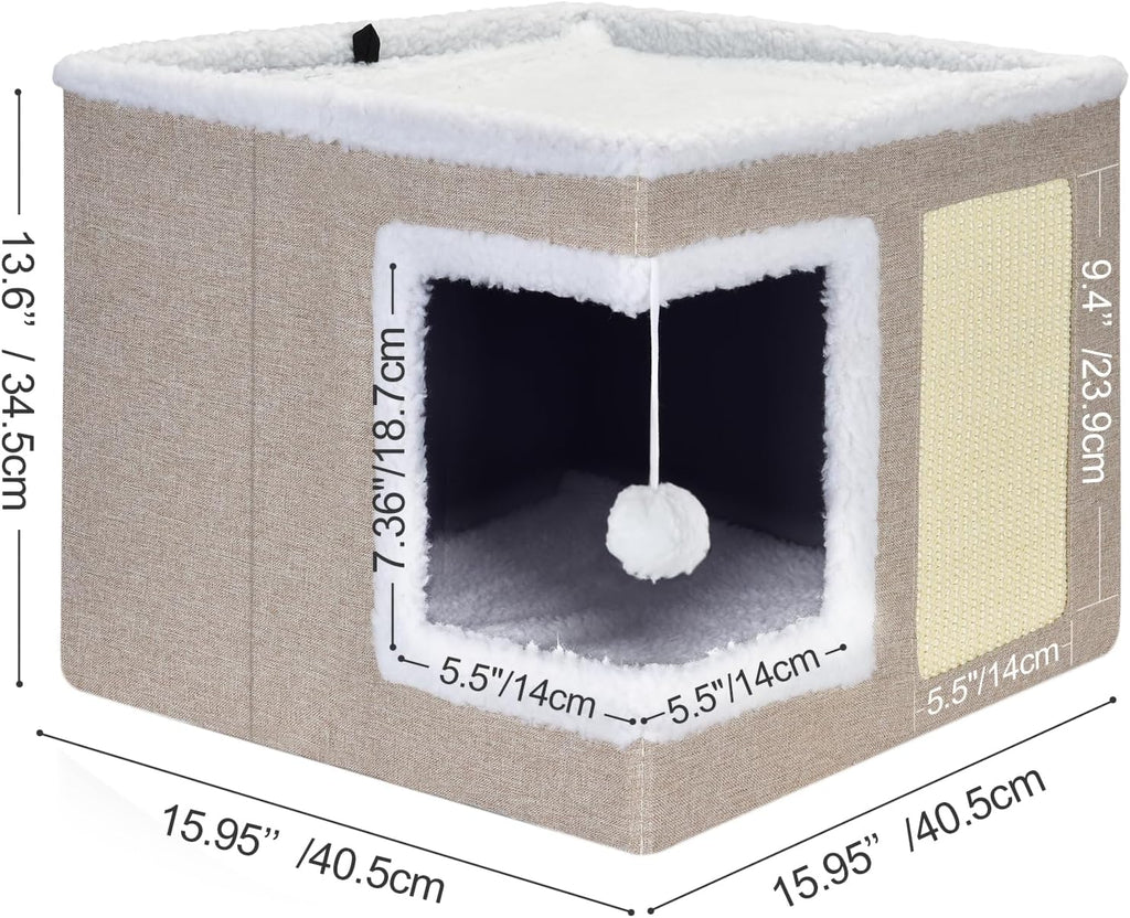 petizer Cat Bed for Indoor Cats, Large Covered Cat House with Scratch Pad, Foldable Cat Cave Bed & Hideaway Cube with Reversible Cushions, Cute Cat Condo for Multi Small Pet Kitten (Khaki)