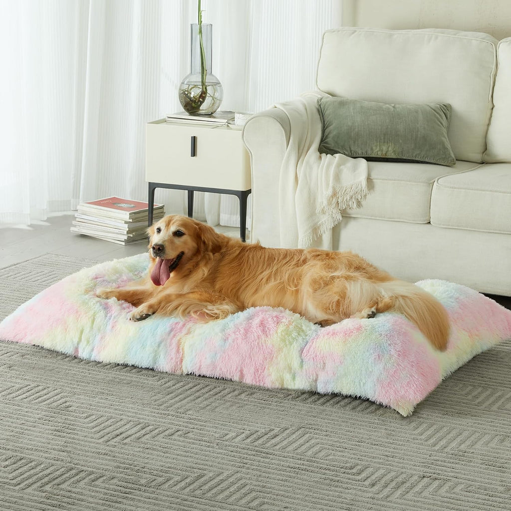 BFPETHOME Dog Beds for Large Dogs, Plush Dog Crate Bed Fluffy Cozy Kennel Pad for Sleeping &Ease Anxiety, Washable Pet Mats with Anti-Slip Bottom for Large Medium Dogs, Pet Bed, Rainbow