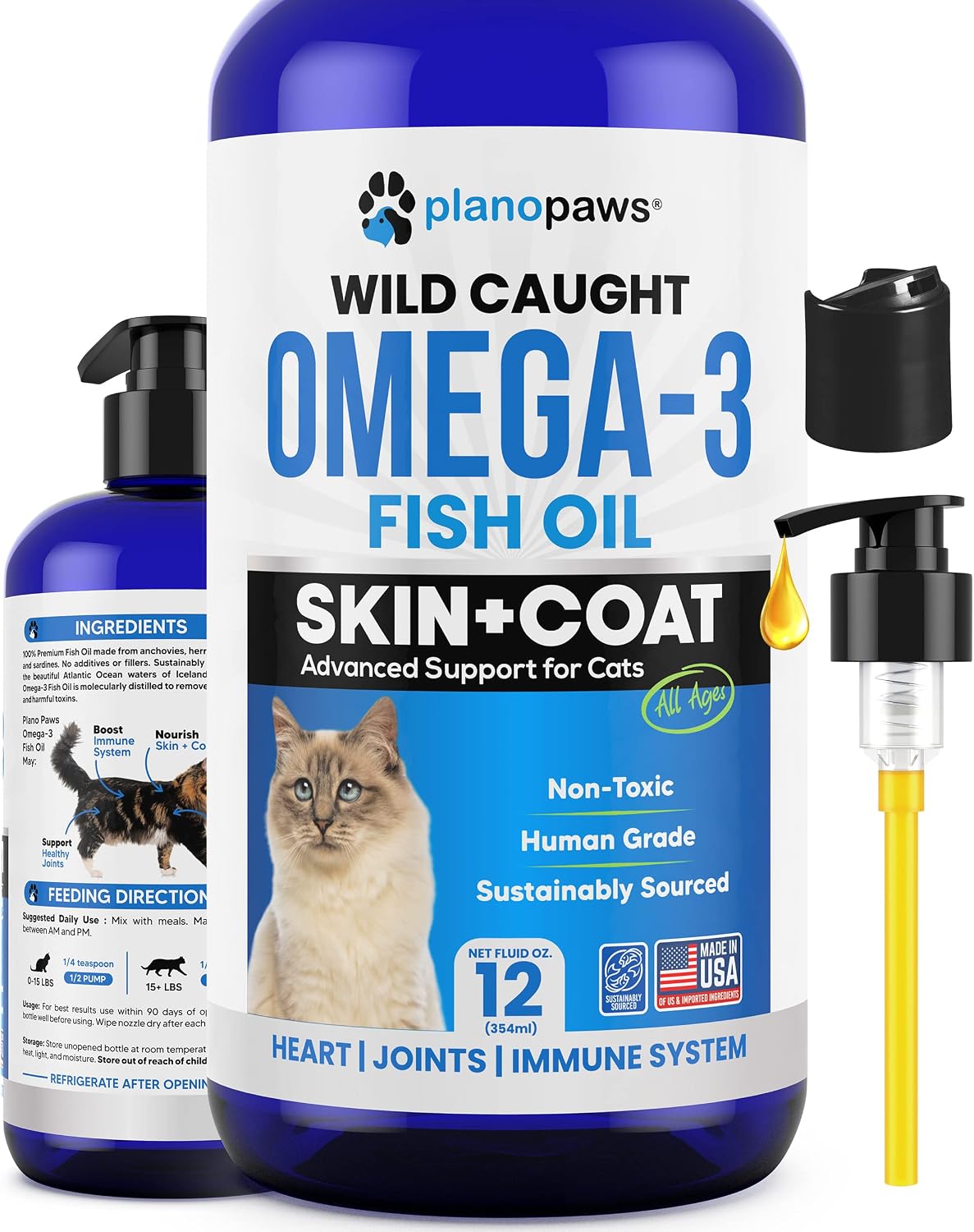 Omega 3 Fish Oil for Cats - Wild Caught, Skin and Coat, 12 fl oz Liquid