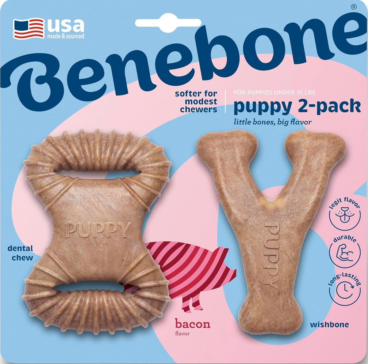 Benebone Puppy 2-Pack Dental Chew/Wishbone Dog Chew Toys, Made in USA, Real Bacon Flavor