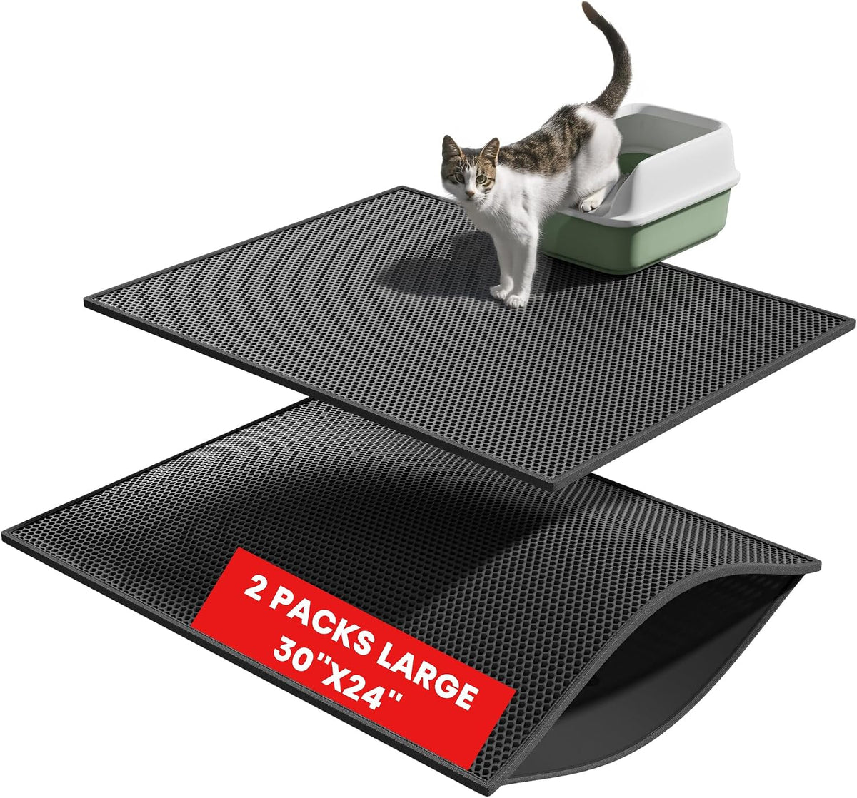 Pieviev Double Layer Cat Litter Mat Traps Scattered Litter 30''x24'' 2 Pack | Waterproof Urine Resistant Layer Litter Box Mat, Easy Collection, Soft on Kitty Paws, Black Color for Indoor Cats