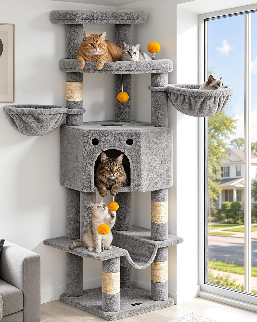 Cat Tree Tower for Indoor Large Adult Cats, 73in Tall Heavy Duty with Perch
