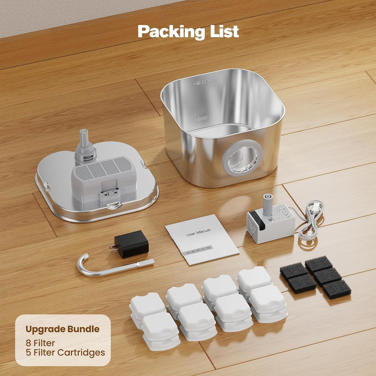 74oz Stainless Steel Cat Water Fountain with 8 Filters + 5 Sponges