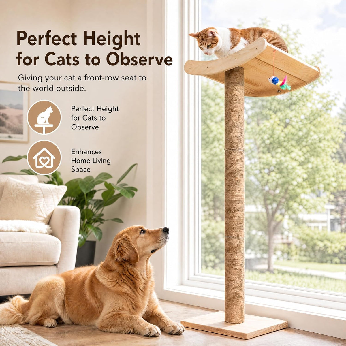 Cat Window Perch with Scratching Posts, 46-Inch Wooden Tree for Large Cats