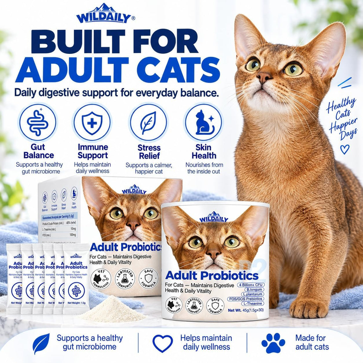 Probiotics for Cats with Prebiotics, 4 Billion CFU Digestive & Gut Health Support for Adult Cats, Probiotic Powder with B. longum + L. plantarum, FOS & GOS, 30 Daily Stick Packs