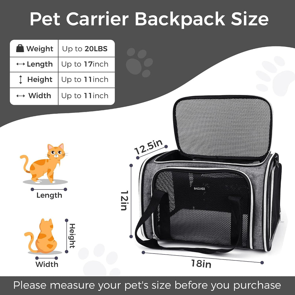 BAGLHER Pet Travel Carrier, Cat Carriers Dog Carrier for Small Medium Cats Dogs Puppies, Airline Approved Small Dog Carrier Soft Sided, Collapsible Puppy Carrier. Grey