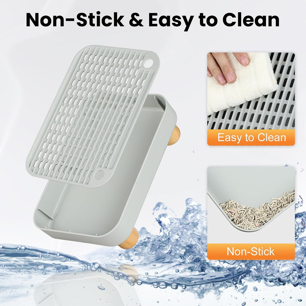 Litter Box Step, Litter Box Ramp/Catcher with Wooden Base, Anti-Tracking & Easy to Clean, Ideal for Small & Elderly Cats 11.8"x7.9"x3.6" (Gray)
