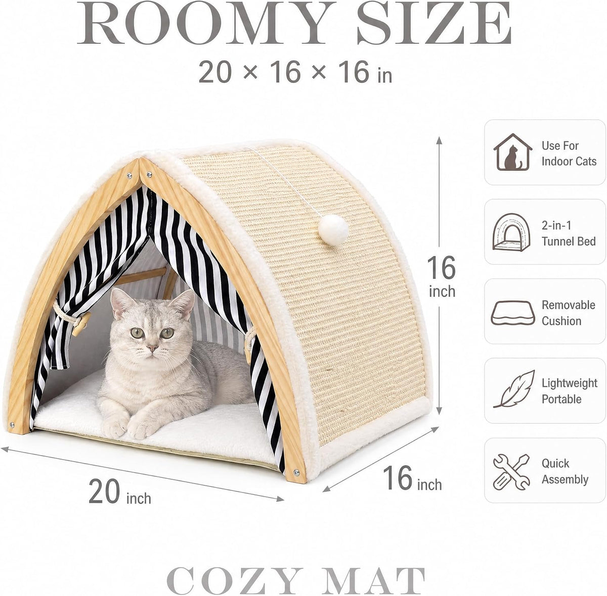 Cat House, Cat Beds for Indoor Cats, Cat Scratchers with Sisal Scratching Board, Cat Scratcher Bed with Fluffy Ball Hanging, Cat Condo 20x16x16 inches