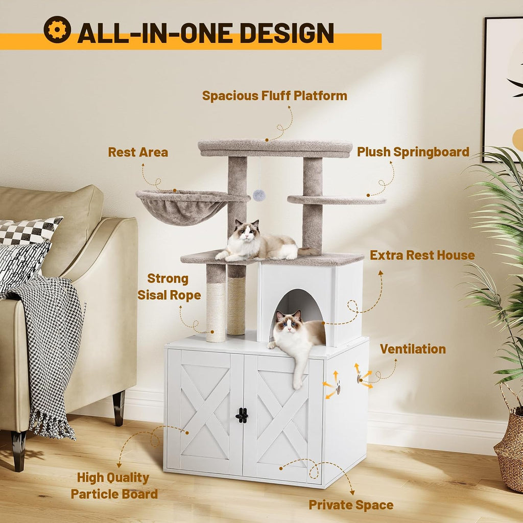 Snughome Cat Litter Box Enclosure with Cat Tree Tower and Condo, Hidden Washroom Furniture with Sisal Scratching Post and Soft Plush Perch, Wooden Cat Furniture with Multiple Platforms, White