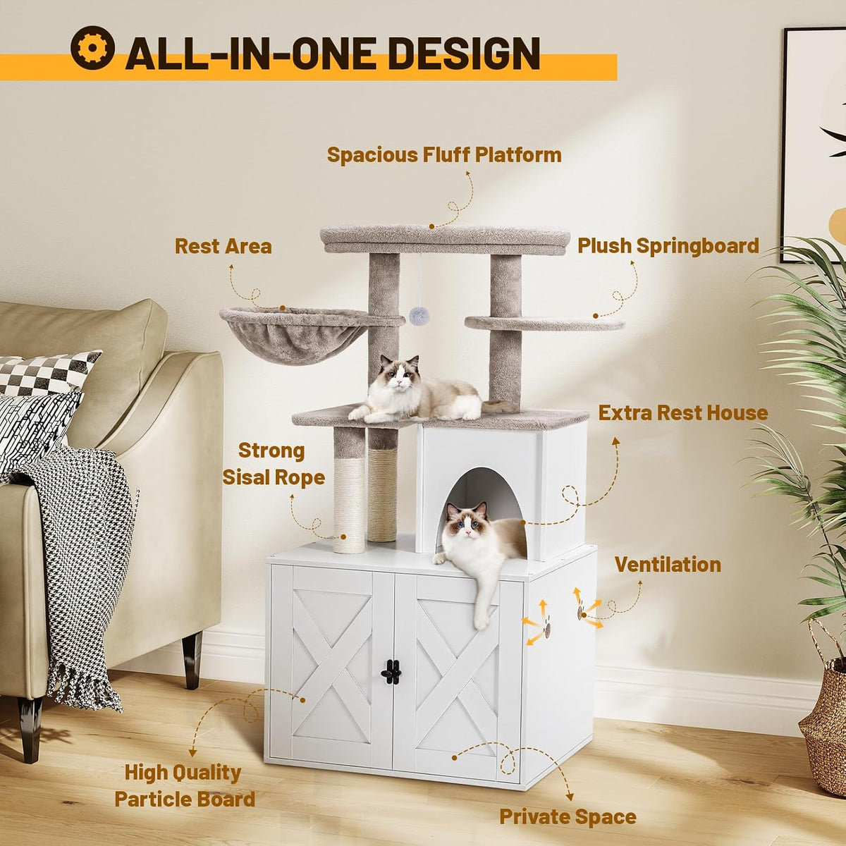 Snughome Cat Litter Box Enclosure with Cat Tree Tower and Condo, Hidden Washroom Furniture with Sisal Scratching Post and Soft Plush Perch, Wooden Cat Furniture with Multiple Platforms, White